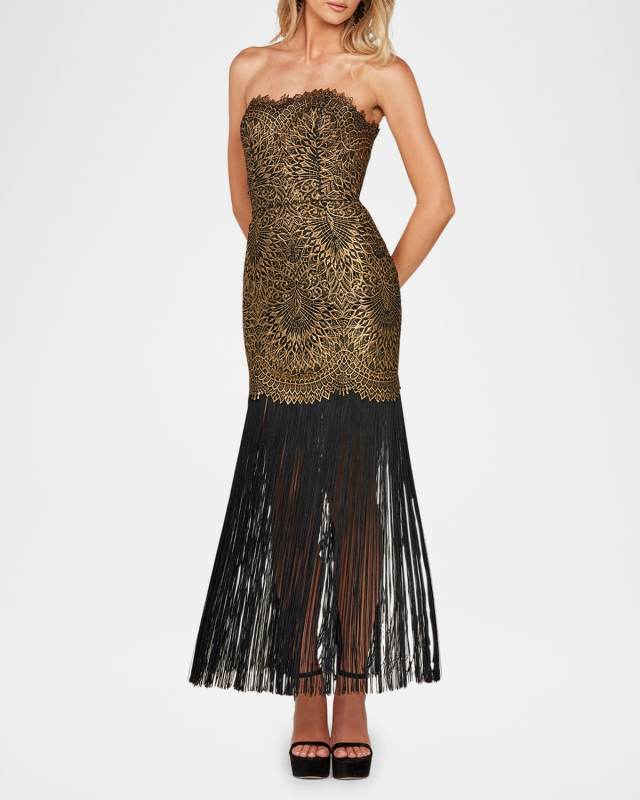 Naomi Strapless Metallic Fringe Gown